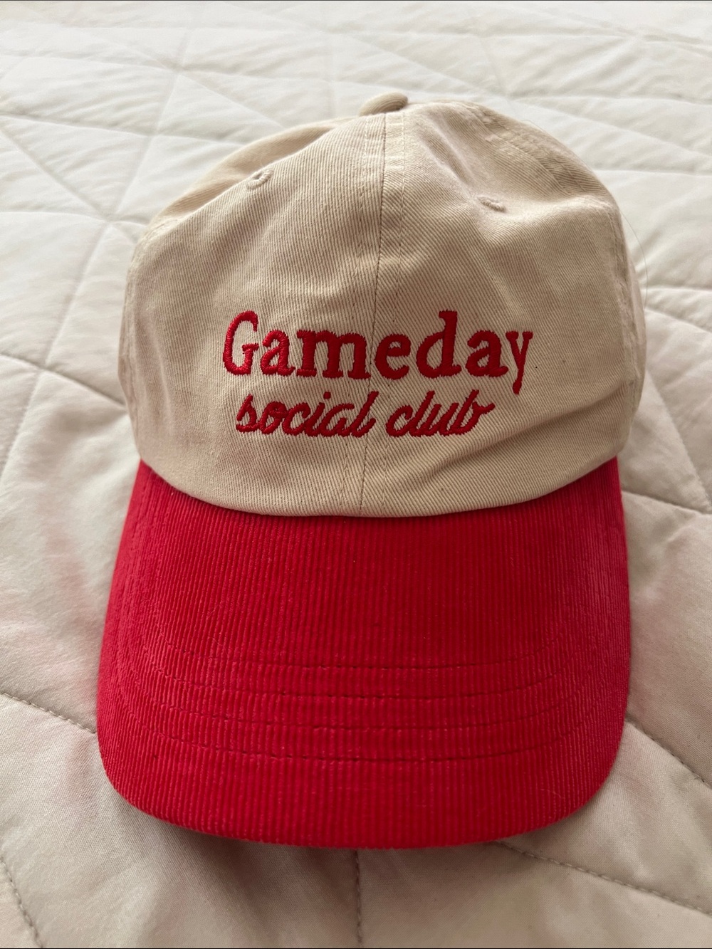 GameDay Social Club Two Toned Vintage Hat Red & Tan corduroy bill / embroidered